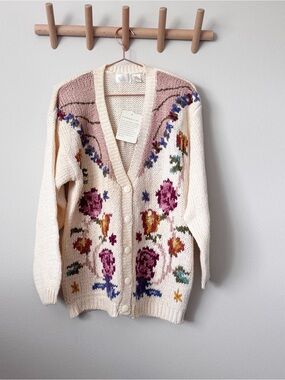 Needles & Yarn Vintage Cream Floral Knit Button-Front Cardigan Sweater